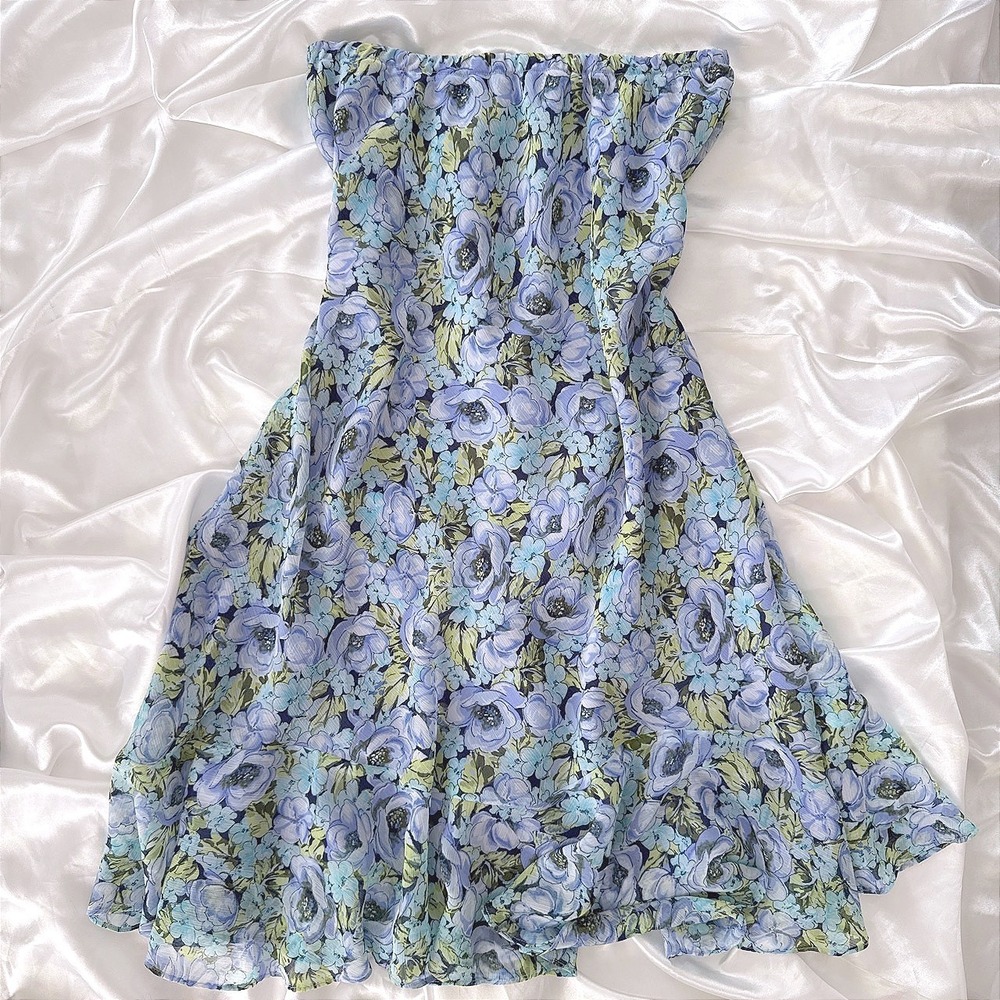 Blue Floral Chiffon Midi Skirt Ruffle Hem Elastic Waist Size 10